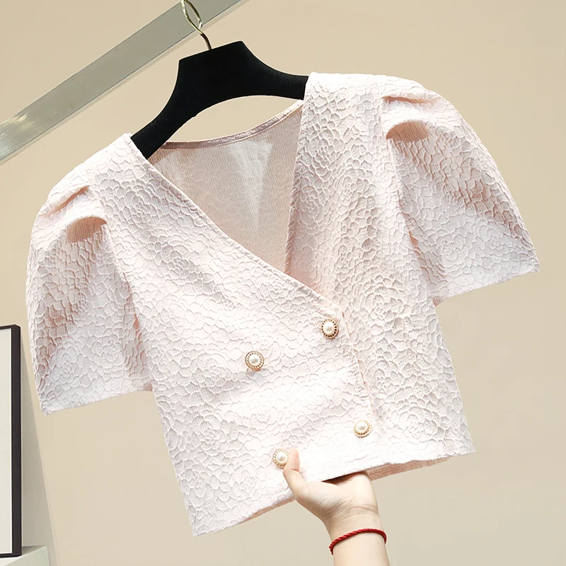 

2020 Summer Korean Style Double Breasted Graceful Shirt Jacket Women's All-match Slim Short Navel Puff Sleeve Top Lady Blouses