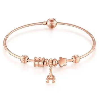 

18K Rose Gold Women Bangles The Eiffel Tower Star Round Classic Cute Romantic Wedding Anniversary Engagement Party Bangles