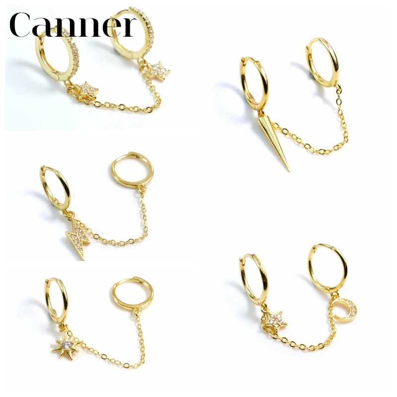 

Canner 1pcs 925 Sterling Silver Hoop Earrings Korean New Mix Chain Double Wear Lightning Moon Star Gold Earrings Fine Jewelry W4