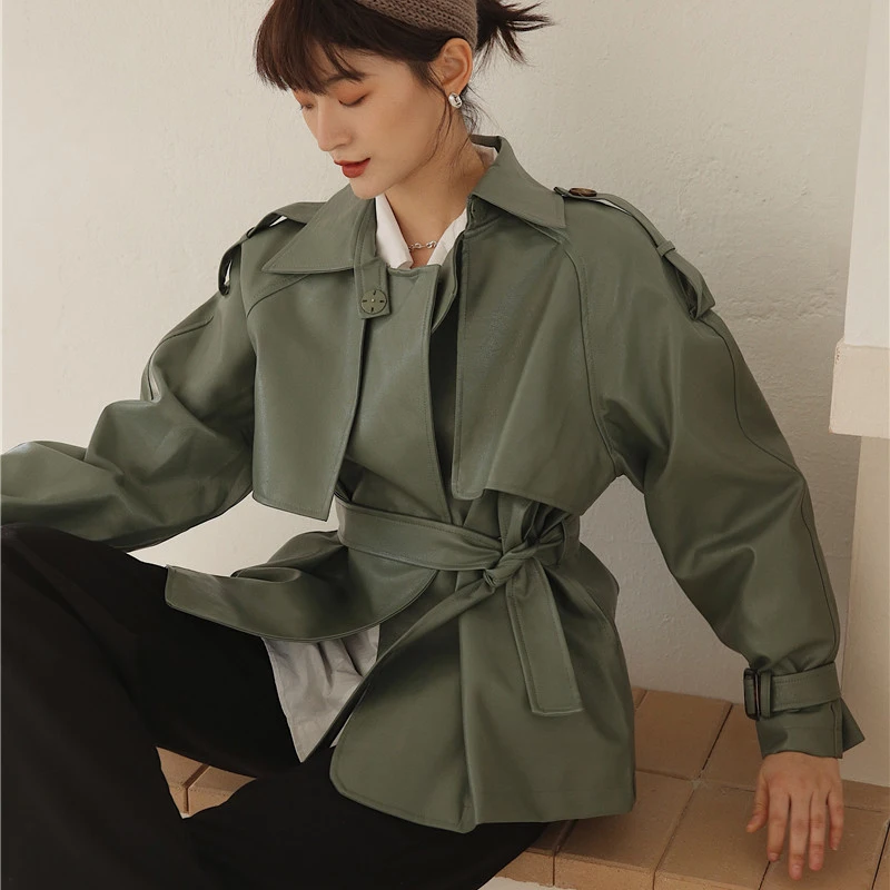 Hzirip Harajuku Matcha-green Женская Ретро мотоциклетная куртка из искусственной кожи плюс винтажная куртка на шнуровке шикарная Универсальная женская верхняя одежда