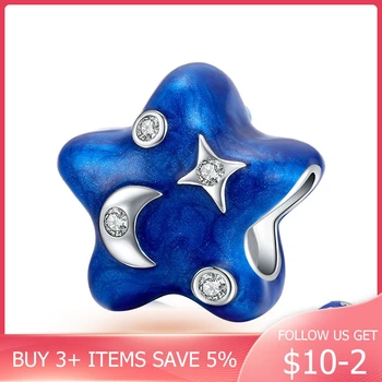 

Genuine 925 Sterling Silver Moon & Star Enamel Charm Deep Blue Sky Metal Beads Charm for Original Bracelet CMC178