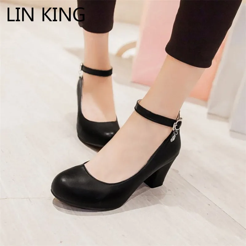 LIN KING-zapatos de tacón cuadrado medio para mujer, calzado con punta redonda, sólido grueso, hebilla de Lolita, con correa en el tobillo, plataforma de fiesta, talla grande 43
