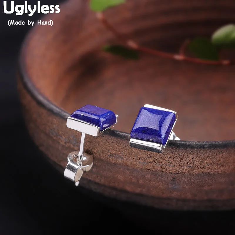 Uglyless Rare Lapis Agate Square Stud Earrings for Men Women Unisex MINI Gemstones Studs Real 925 Silver Brincos Jewelry E1534 | Украшения
