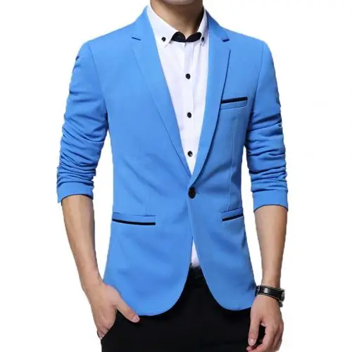 Мужской Блейзер, британский стиль, модный, черный, синий, деловой Блейзер, повседневный деловой пиджак, Свадебный, для жениха, приталенный пиджак, весна-осень - Цвет: Небесно-голубой