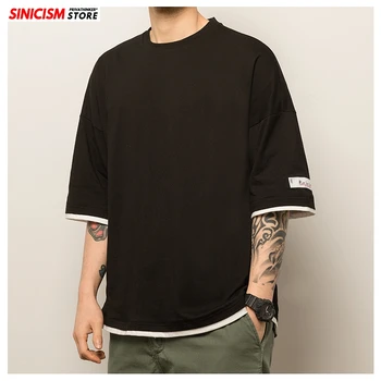 

Sinicism Store 2020 Men's Solid Black Short-sleeve T-shirts Men Summer Chinese Style TShirts Male Fake Two Piece Clothes 5XL