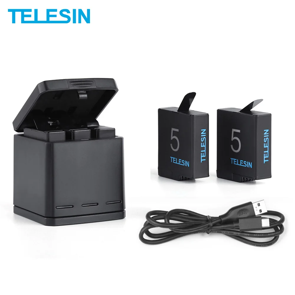 TELESIN 2 шт. аккумулятор+ 3 слота зарядное устройство+ usb кабель для зарядки для GoPro Hero 5 Hero 6 Hero 7 8 аксессуары для зарядного устройства