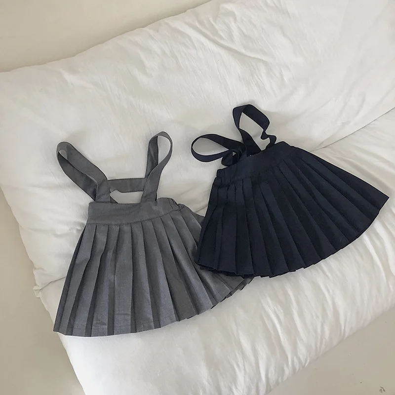 

Children Suspender Dress2020 New Girls College Wind Solid Color Pleated Belt Dresses Baby Back Strap Casual Pleated Half Dress