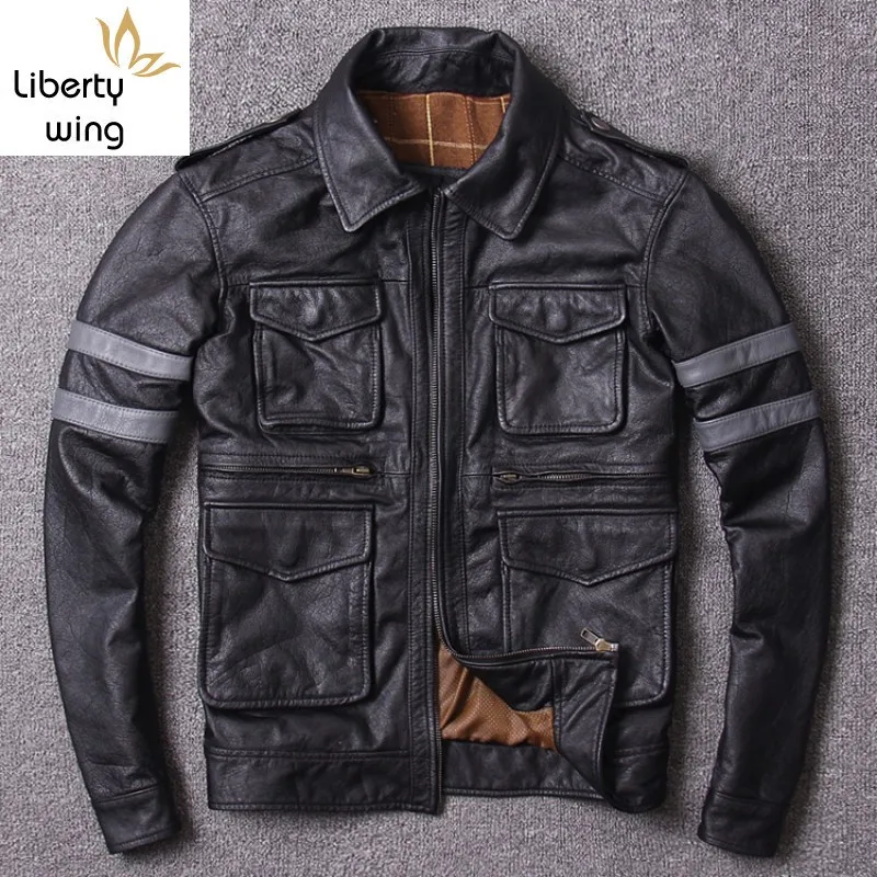 

Safari Style Cow Genuine Mens Pocket Turn-Down Collar Zipper Black Slim Fit Real Leather Jacket Fashion Clothes