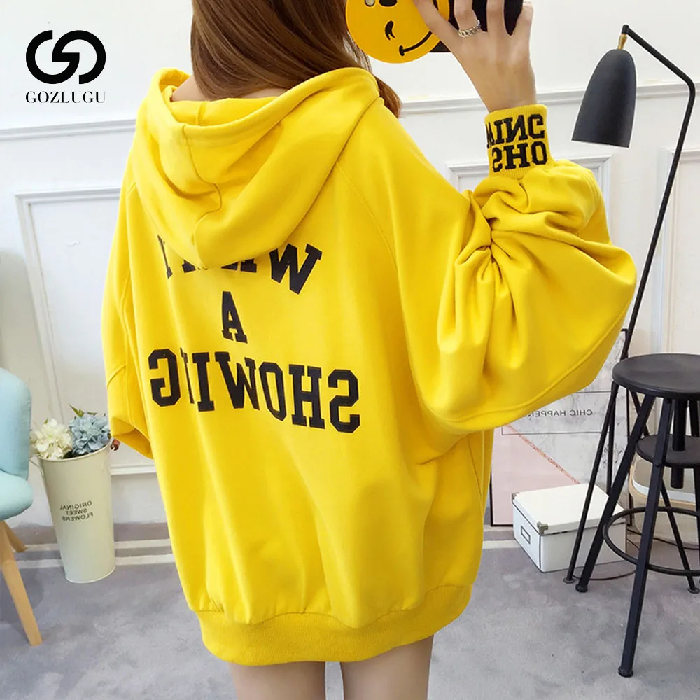 

2019Hooded Pullovers Puff Sleeve Sweatshirt Women Thin Yellow Hoodie Loose Sweatshirt female2019 New Women Clothes Korean Hoodie
