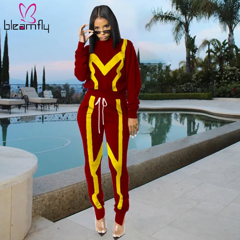 

Autumn Winter Patchwork Two Piece Set Women 2019 Long Sleeve Top And Full Length Pencil Pant Tracksuit Casual Sewat Suit Outfits