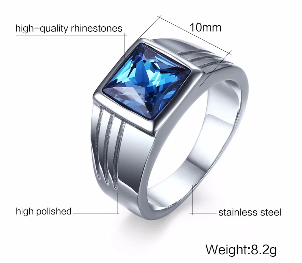 Fashion Mens Rings Stainless Steel Statement Ring with Rectangle Blue Stone Wedding Band Fashion Jewelry anel masculino 112