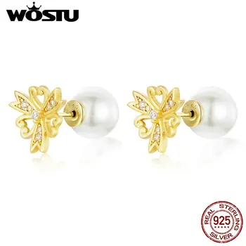 

WOSTU 100% Real 925 Sterling Silver Pearl Flower Stud Earrings For Women Making Fashion Jewelry Gift 2019 New Arrival CTE237