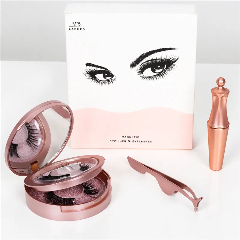

Magnetic Eyelashes with boxes packaging 2Pairs 3D Mink False Eyelashes Liquid Eyeliner&Tweezer Set&Waterproof Eyeliner