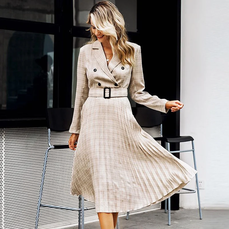 

Dress Women Elegant Vintage Pleated Belt Plaid Office Ladies Blazer Dresses Long Sleeve Female Autumn Midi Party Dress