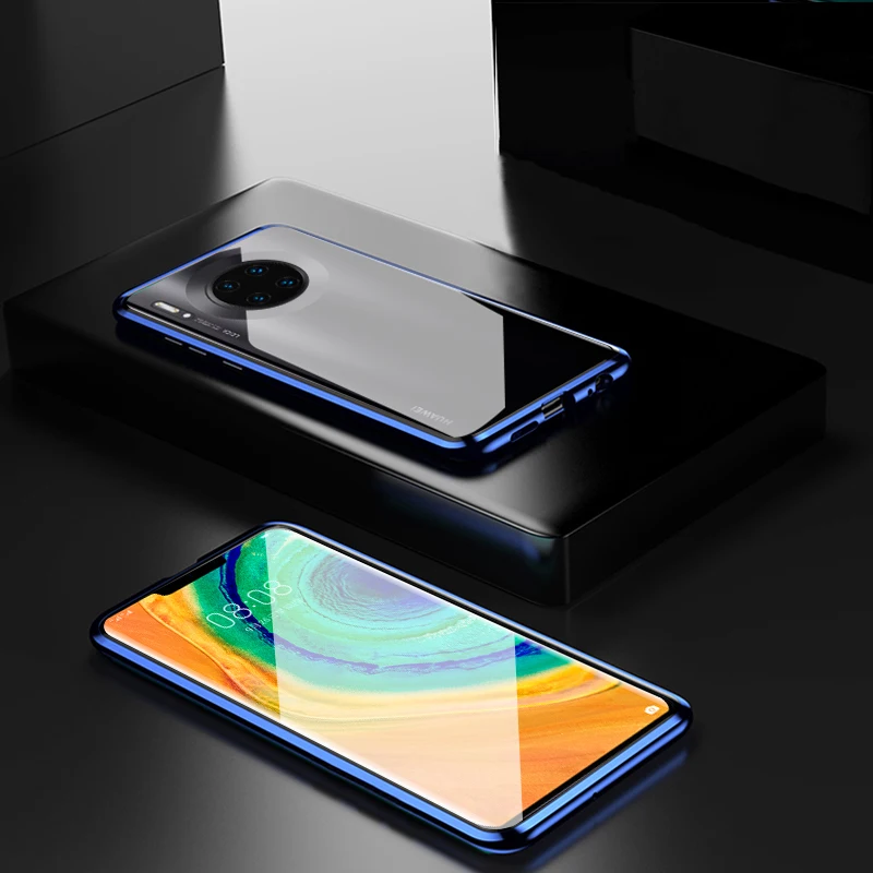 Синий Роскошный защитный Магнитный чехол на весь корпус для huawei P30 P20 lite Pro 360, задняя крышка из закаленного стекла huawei mate 30 20 Pro Чехол - Цвет: Синий