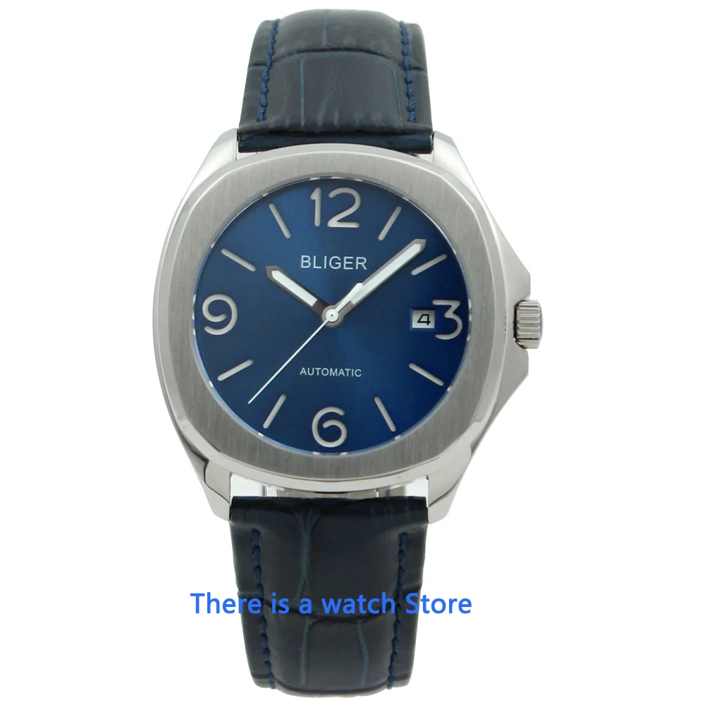 

Bliger 40mm Blue Dial Square Miyota Men's Automatic Watch Sapphire glass Luminous Date Window Leather Strap Wristwatch Men