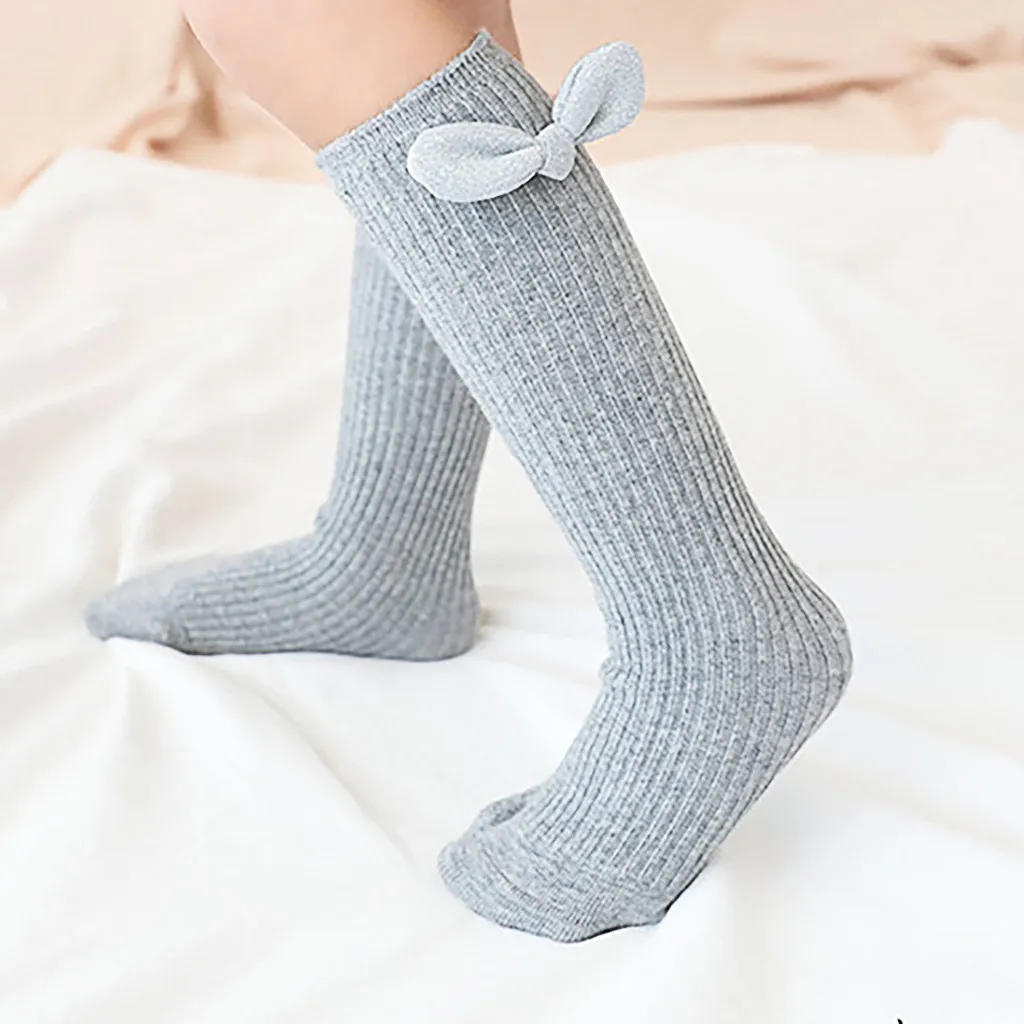 Носки для детей 1-8 лет, милые однотонные хлопковые носки средней длины с бантиком для маленьких девочек, гольфы для девочек