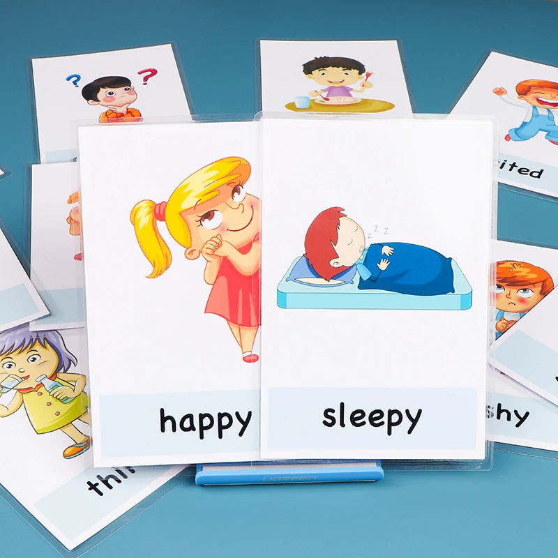 14 X Emotionskarten Kinder Cartoon Englisch Lernkarte Emotional Education Card 