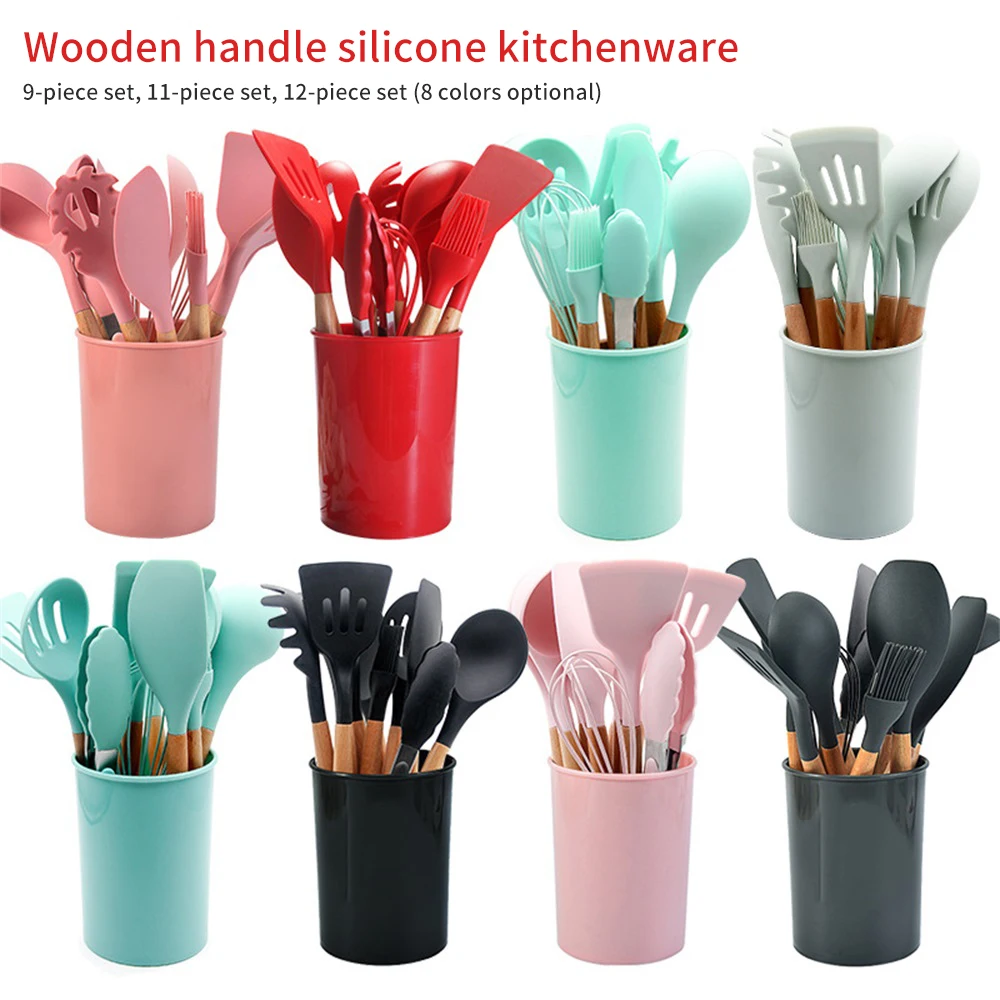 Silicone Kitchenware Cooking Utensils Set Heat Resistant Wood Non-stick Spoon Spatula Tool Kit Filter Food Kitchen Accessories