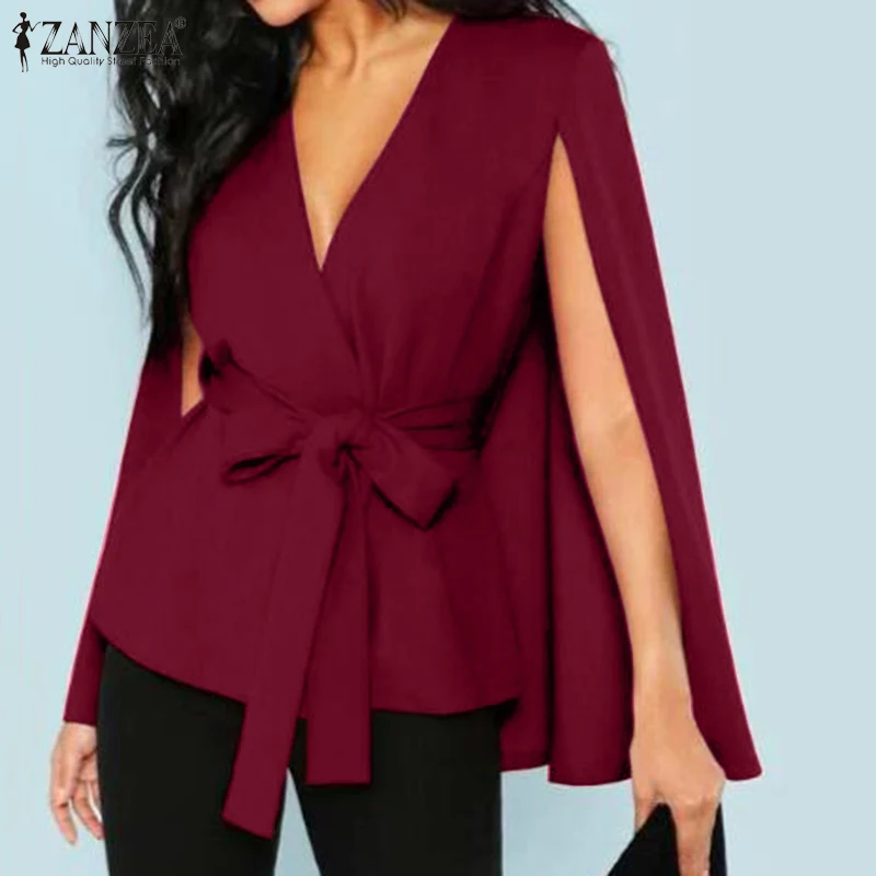 Ideal  V Neck with Belt Party Jackets ZANZEA Elegant Spring Fashion Solid Cape Coat Women Long Sleeve Over