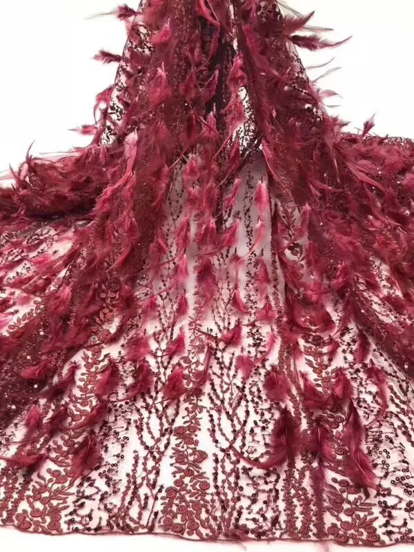 

Fashionable and elegant red feather embroidered sequins French lace fabrics, high quality Nigerian French lace fabrics DYS222