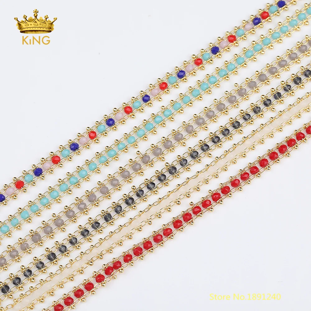 

5meters Bezel Glass Beaded Chain Findings,Double Copper Chain Wire Wrapped Crystal Glass Gold Chain Rosary Bracelet Choker HX229