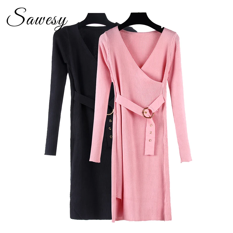 

Casual Elegant Knitted Dresses Women New Arrival 2019 Autumn Winter Long Sleeve Bodycon Dress Ladies V Neck Pencil Dress Black