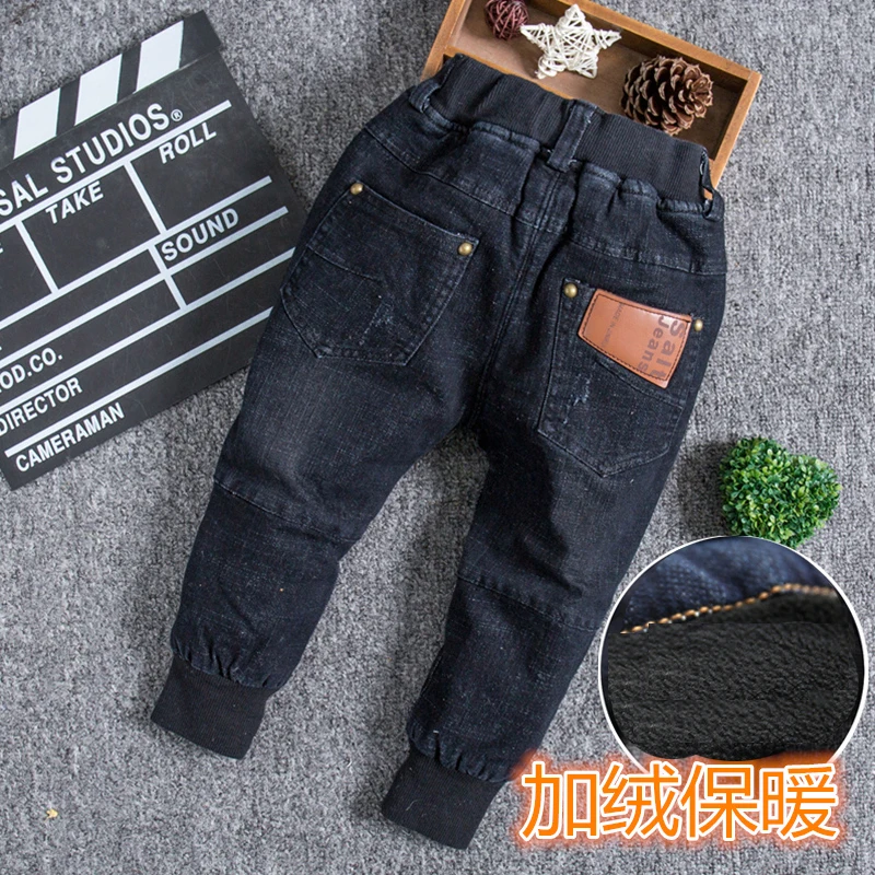 Весенне-осенние джинсы для мальчиков детские зимние Утепленные повседневные штаны черные узкие детские брюки
