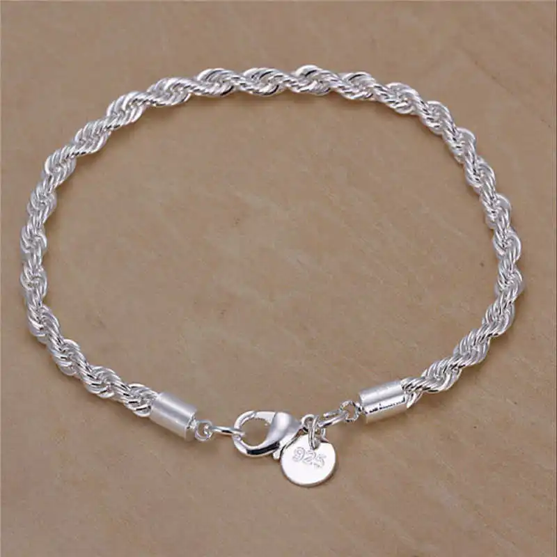 " веревочный браслет мужской 4 мм Стерлинговое Серебро 925 витая Цепочка женская серебро