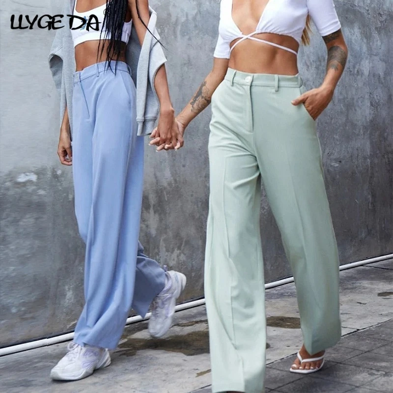 Pantalones rectos de cintura alta para mujer, chaqueta lisa de oficina, pantalones sueltos informales, novedad de verano, parte inferior larga, Primavera, 2021
