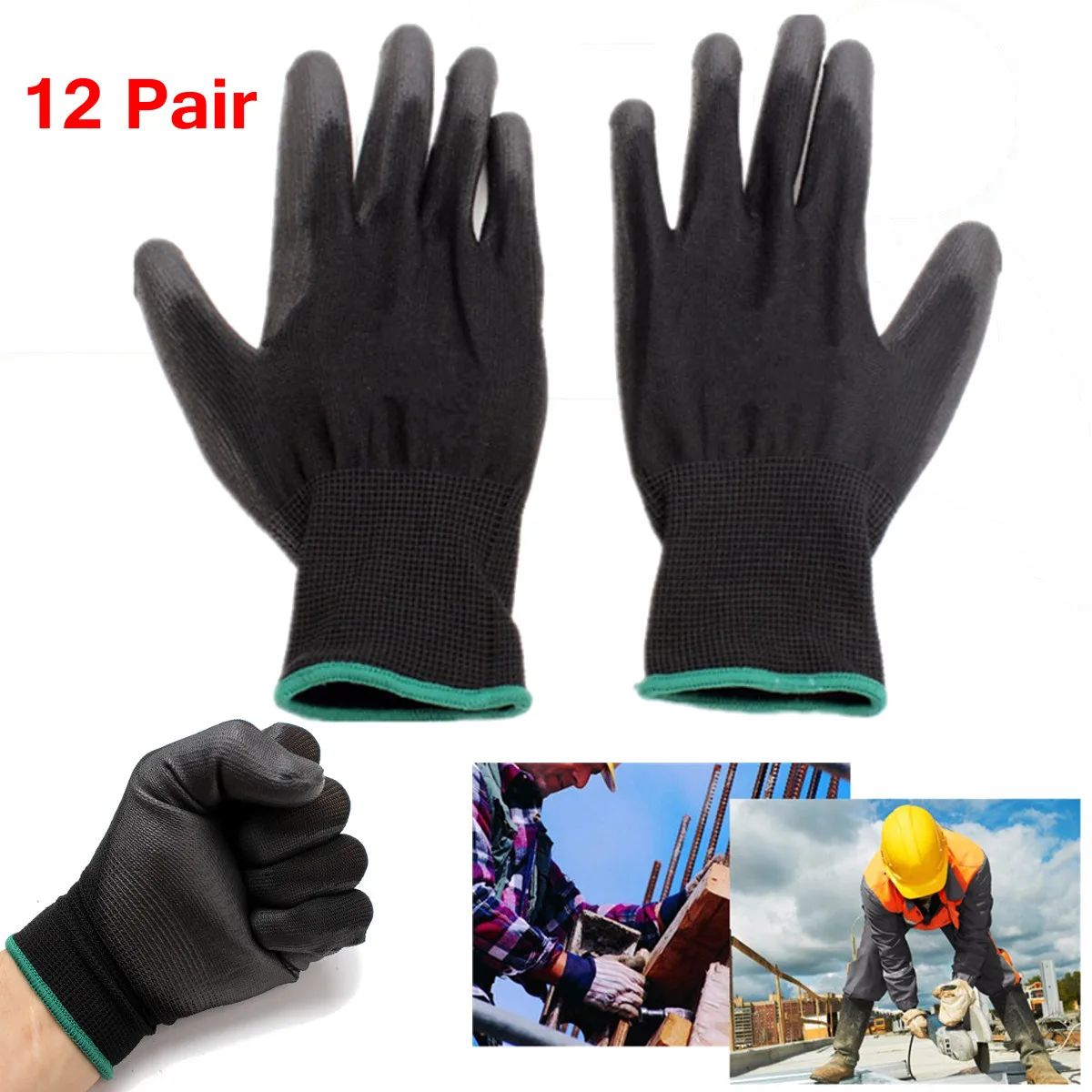 

12pair/set PU518 Anti-static 13 Needle Color Nylon Gloves Hand Safely Security Protector L Black Wear-resistant Non-slip