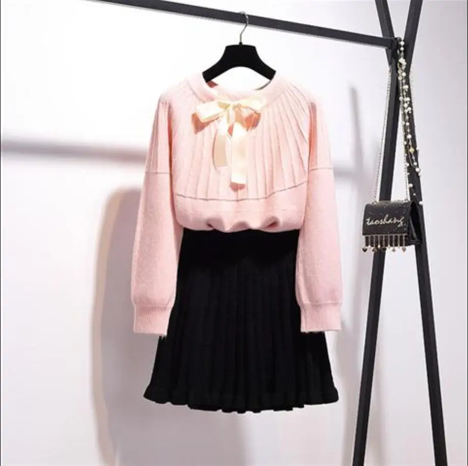 pink and black Женский осенне-зимний модный элегантный вязаный комплект из 2 предметов, Женский пуловер с бантом, свитер+ плиссированная мини-юбка трапециевидной формы, костюм N264 - Цвет: pink and black
