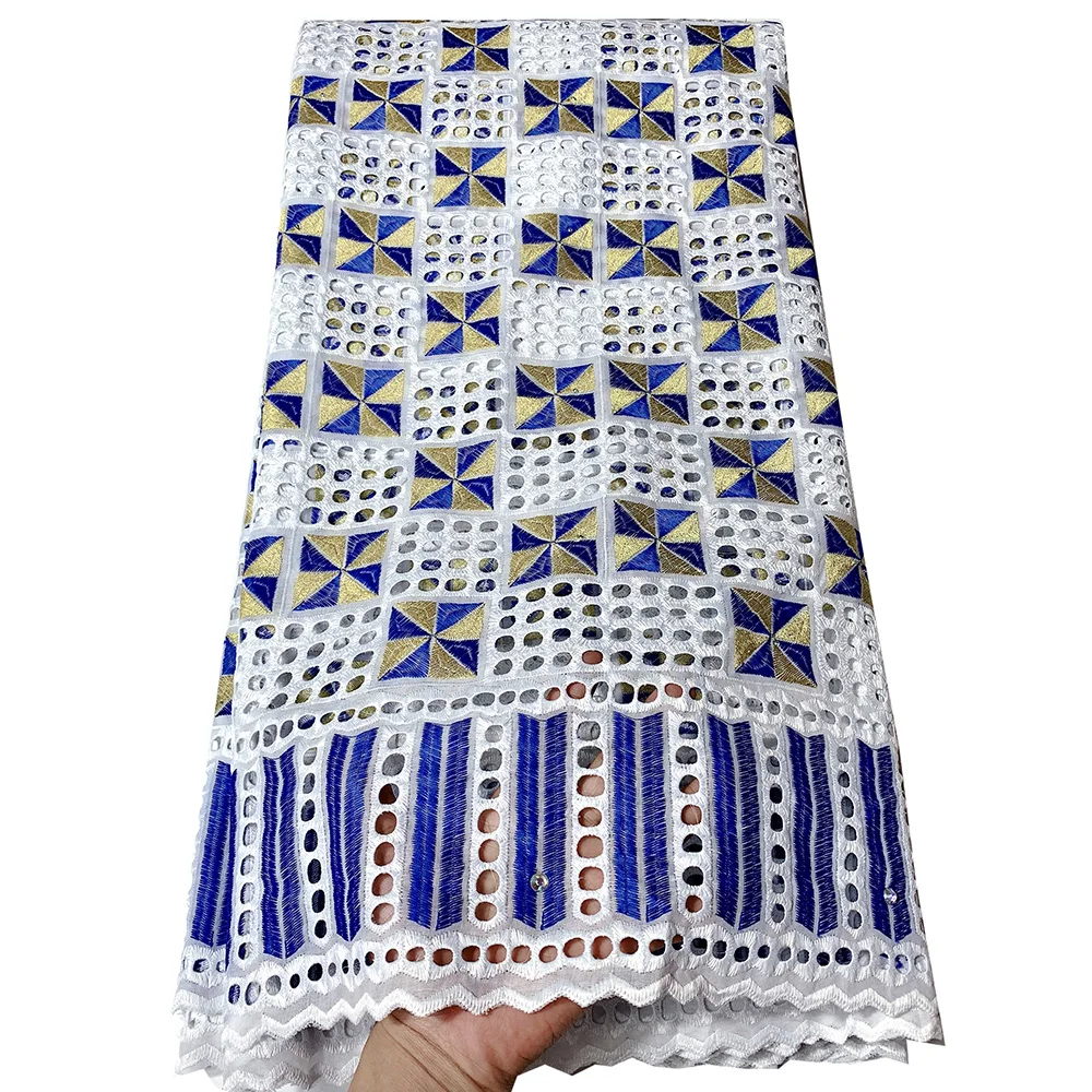 

White and Blue and Gold Lace African Lace Fabrics High Quality Lace Hollow Out Embroidered Cotton Material For Party dress