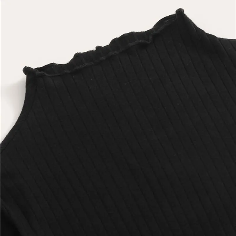 ROMWE Lettuce Trim Neck Rib-Knit Form Fitted Top Solid Fall Clothes for Women Stand Collar Black T Shirt Long Sleeve Ladies Tops