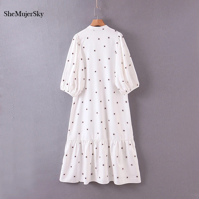 SheMujerSky Women White Shirt Midi Dress 2020 Spring Autumn Little Floral Print Dresses bodycon