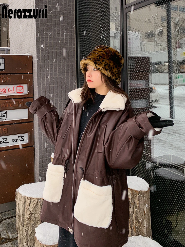 Nerazzurri Zip Up Oversized Black Warm Thick Leather Jacket Women