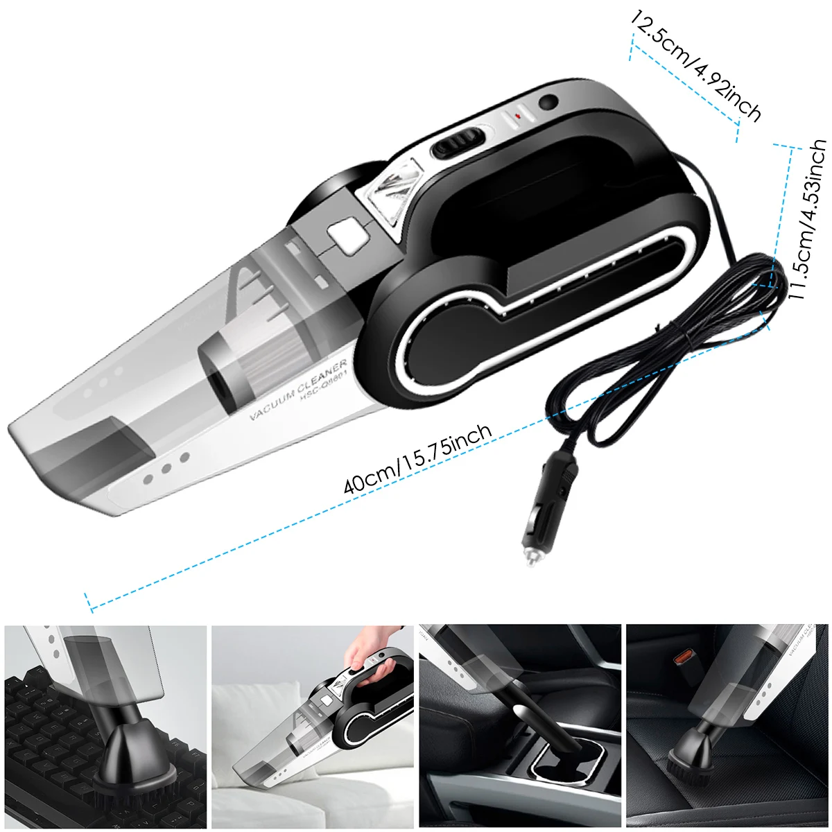 US $28.01 120W 3500mpa Suction Black MultiFunction Wired Car Vacuum Cleaner With LED Light Tire Gauge Tire Inflator Dry And Wet Dual Use
