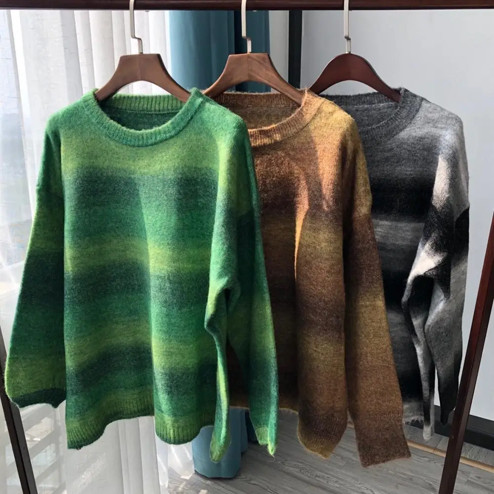 

Women Loose Knitted Sweater Gradient O Neck Long Sleeve Soft Pullover Sweater