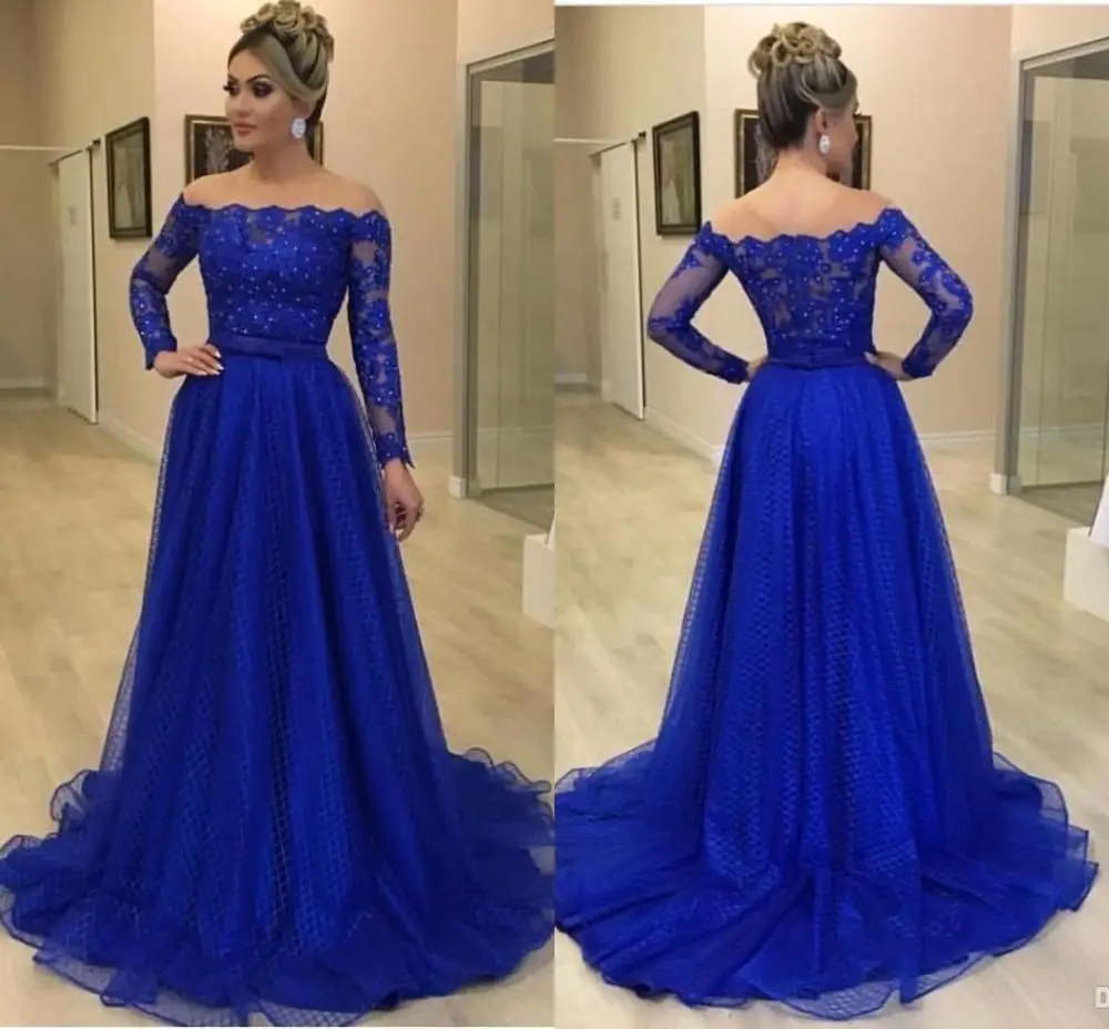 Royal Blue Королевский синий арабское, с длинными рукавами Вечерние платья халат de soiree прозрачные Аппликация Кружева специальное Нарядное платье трапециевидной формы вечерние платья - Цвет: Royal Blue