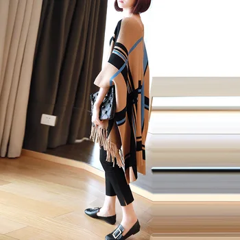 

Scarf Shawl Autumn Fashion Plaid Knitted Cardigan Ladies 2019 New Sweater Coat Korean Tassel Half Sleeve Plus Size Women