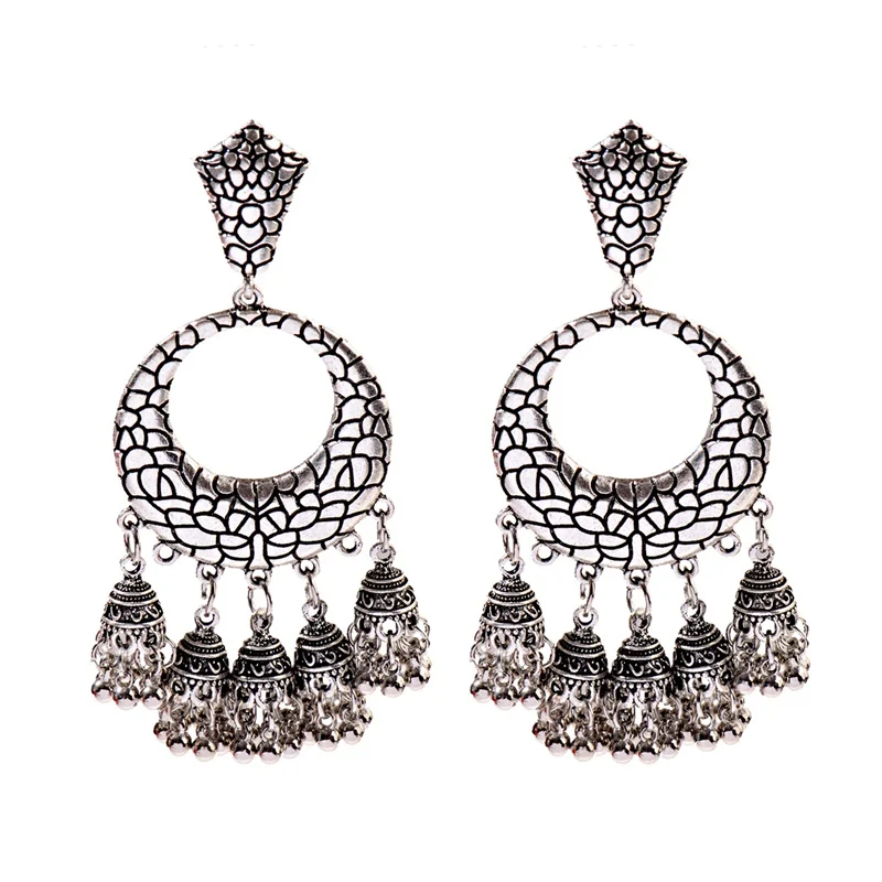 HXE210-2 OIQUEI, женские винтажные этнические индийские ювелирные изделия Jhumka, большой колокольчик, Разноцветные серьги-кисточки с бусинами античный этнический Висячие Серьги Brincos - Окраска металла: HXE210-2