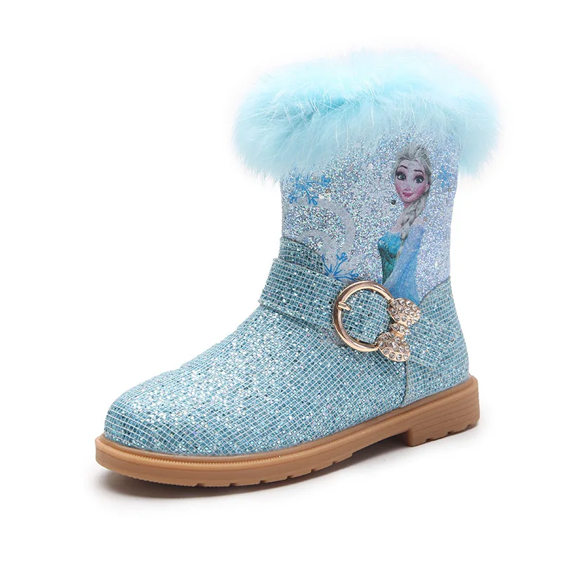 Disney Frozen Girls Snow Boots With Fur Shiny Sequins Kids Plush Boots