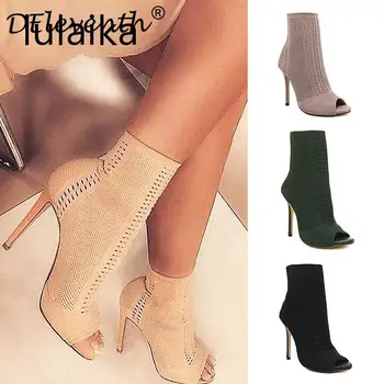 

2020 Beige Green Ladies Open Toe Short Boots Elastic Boots Small Hole Hollow Out Breathable Dress Women Boots Pumps 11 Cm