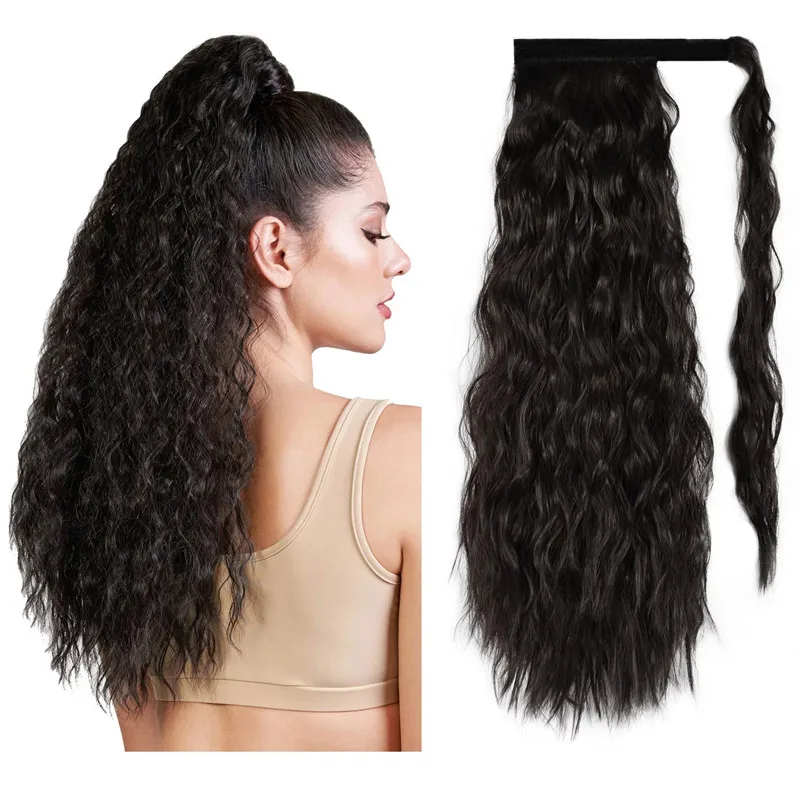 

22 Inch Long Corn Wavy Ponytail Extension for Women Synthetic Curly Wrap Around Ponytail Hairpiece Magic Paste Ponytail for Girl