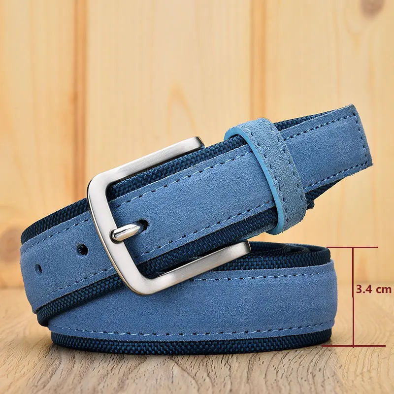 3.4 cm Blue Мужской замшевый кожаный ремень с Оксфордской тканью, ремень из натуральной кожи, Роскошные Синие ремни с пряжкой для мужчин, Ширина 3,5 см и 4,0 см - Цвет: 3.4 cm Blue