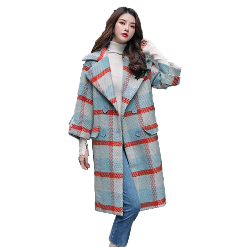 

High Quality Blended Woolen Coat Women Lattice Wool Jacket New 2020 Autumn Winter Double Breasted Check Jackets Outerwear K709