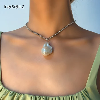 

IngeSight.Z Luxury Shiny Rhinestone Crystal Chain Choker Necklace Punk Exaggerated Big Imitation Pearl Pendant Necklaces Jewelry