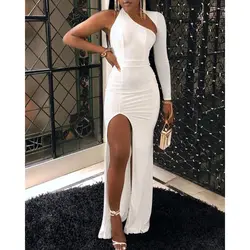 2019 женские вечерние платья белого цвета с одним рукавом, элегантные шикарные Сексуальные облегающие платья с длинным рукавом, сплошное