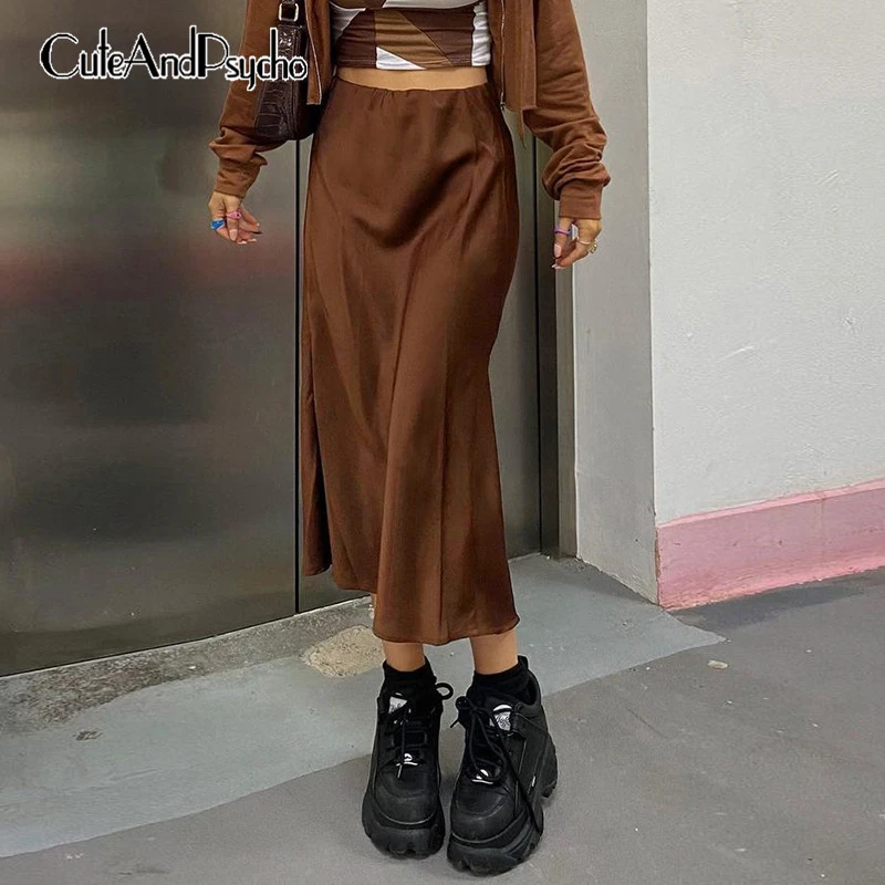 Rahat moda estetik uzun kahverengi etekler kadın Harajuku Vintage yüksek  bel etek kore düz etek 2021 Cuteandpscho|Etekler| - AliExpress