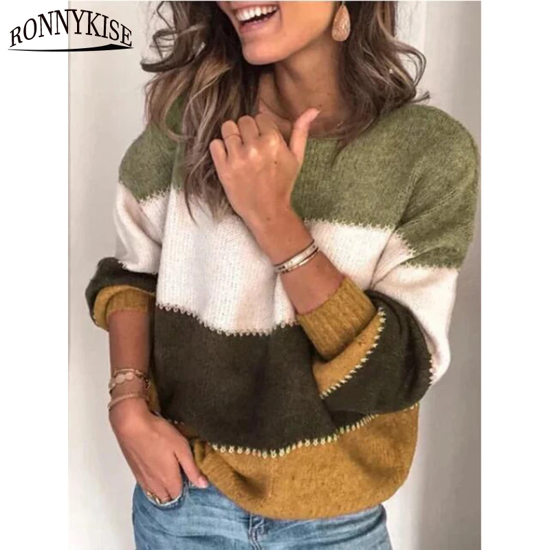 RONNYKISE цветные вязаные пуловеры в стиле пэчворк, топы, зимние модные повседневные свободные свитера с длинным рукавом и круглым вырезом для женщин - Цвет: Армейский зеленый